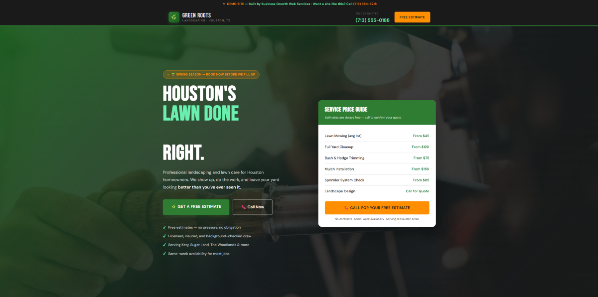 Landscaping contractor website example for Houston, TX - designed and built by QuickPro Websites