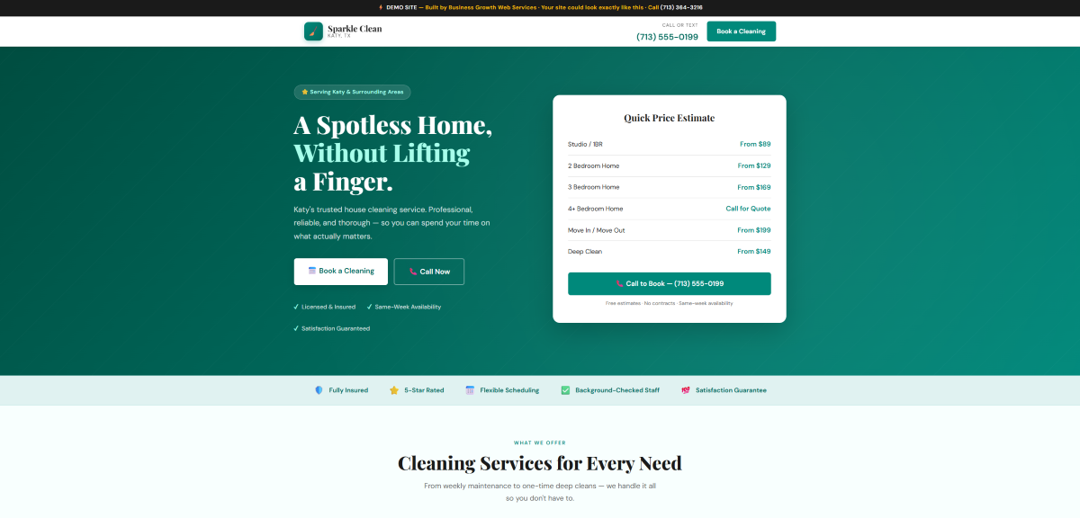 House cleaning website example for a Katy, TX maid service - built by QuickPro Websites